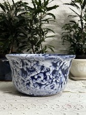 "Cuenco/plantador de cerámica de madera de pino azul mármol, firmado, 5,5"" de alto 8"" de diámetro"