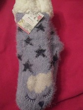 1 Pair Womens Lurex Critter Blue Sleepy Slipper Socks Non Skid Size S/M 6-7.5