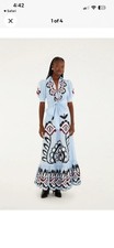 NWT AUTH FARM RIO Blue Artisanal Embroidered Lace Front Bow Maxi Dress MEDIUM M