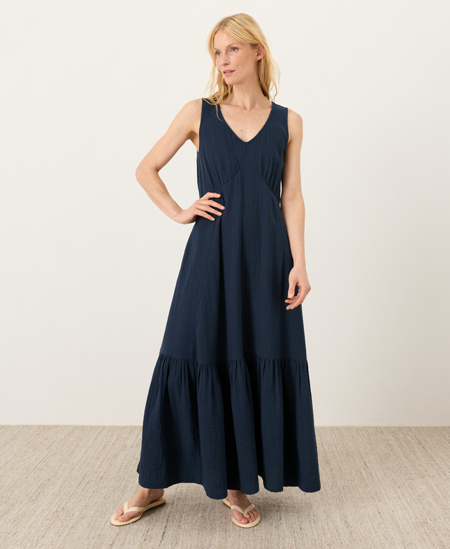 PACT Organic Coastal Double Gauze Beach To Brunch Maxi Dress, Navy (NEW WT)