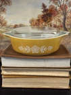 Vintage Pyrex #471 Butterfly Gold Floral 1 Pint Casserole Dish & #470C Glass Lid