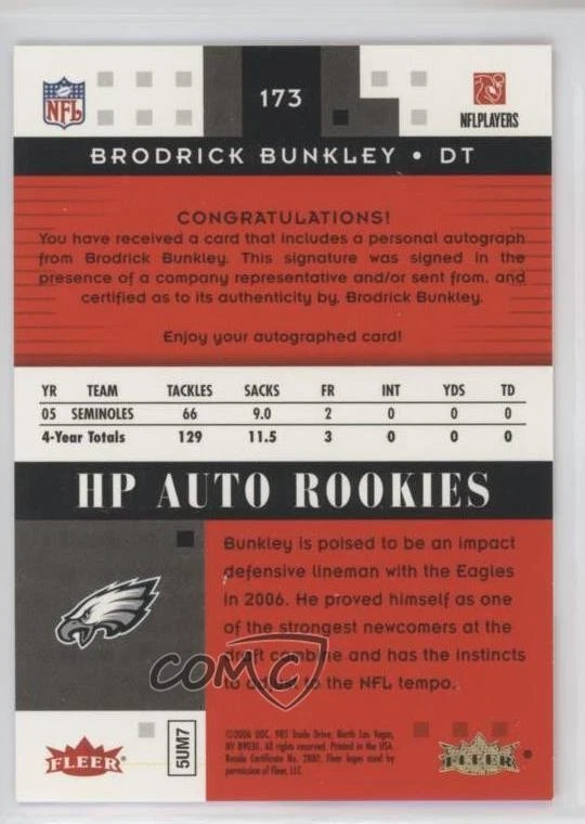 2006 Fleer Hot Prospects HP Rookies Red /50 Brodrick Bunkley #173 Rookie Auto RC - Image 2 of 2