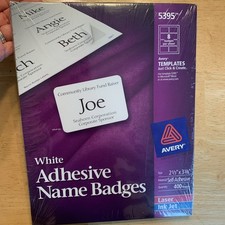 Avery 5395 White Adhesive Name Badges, Box of 400 2-1/3" x 3-3/8" NEW