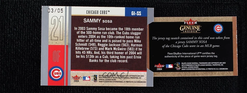 2004 Fleer Genuine Insider Article Jersey Tag /5 Sammy Sosa #GI-SS Patch - Image 2 of 2