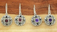 925 Sterling Silver 18k Gold Bezel St Garnet Amethyst Flower Dangle Earring»E113