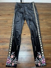 Johnny Was Sandra Stretch Velvet Leggings XS Black Floral Embroidered Bohemian