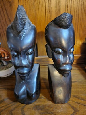 Vintage Ebony Hand Carved Wood Statues 11 T African Tribal Head Busts 1960's