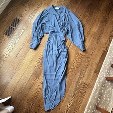 ASOS Blue Dress Viscose/Linen Asymmetrical Open Back Collared Wrap Long Sleeve 4