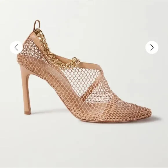 Bottega Veneta Mesh Stretch Heels Chain Trimmed Shoe Beige Gold