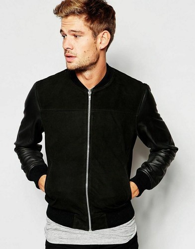 Men Black Bomber Jacket Genuine Suede 