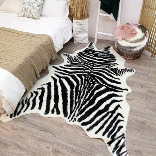 225x180cm Large Zebra Print Carpet Faux Fur Area Rug Faux Cowhide Leather Mats - Picture 4 of 10