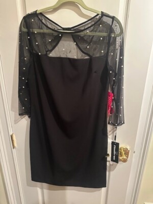 Black Cocktail Dress with shear sleeves & Pearls Size 12 Karl Lagerfeld
