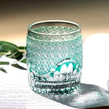 Green Floral Edo Kiriko Crystal Whiskey Glasses Hand Cut To Clear 9oz 1pc