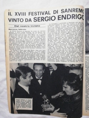 Sergio Endrigo Vince Il XVIII Festival Di Sanremo Con Roberto Carlos 1968 Artico prezzo ebay