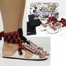 37  37.5 NEW 795 PRADA RUNWAY White SILVER STUD Wrap FLAT GLADIATOR SANDALS