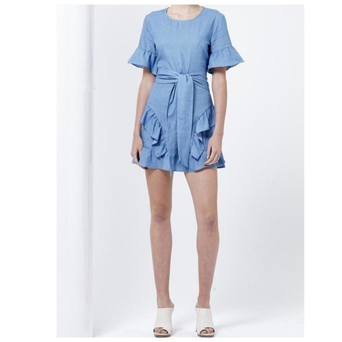 Shilla The Label Chambray Blue Romance Ruffle Mini Dress SiS XS