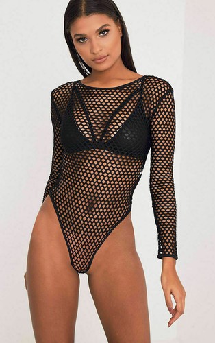 WOMENS LADIES LONG SLEEVE MESH FISH NET BODYSUIT LEOTARD SEXY TOP PLUS SIZE  8-22 | eBay