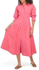 Elie Tahari $425 Pink Punch Button Down Gathered Midi Dress, Size 2