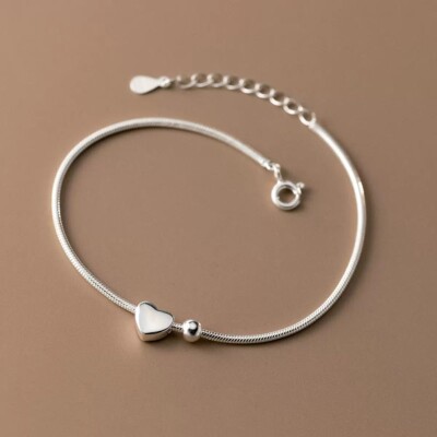 S925 Sterling Silver Dainty Sweet Heart Bead Minimalist Snake Chain Bracelet