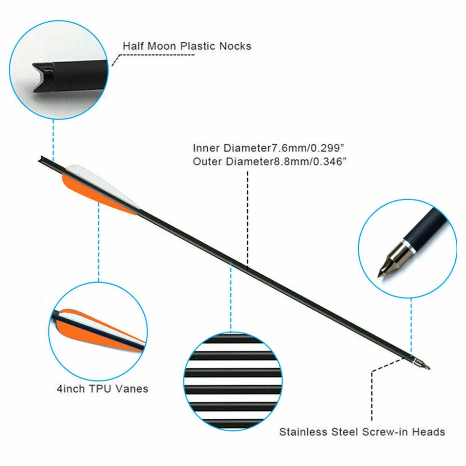 20inch Crossbow Bolts Carbon Hunting Arrow Target 8.8mm with 4" Vane Standard US - Image 4 of 4