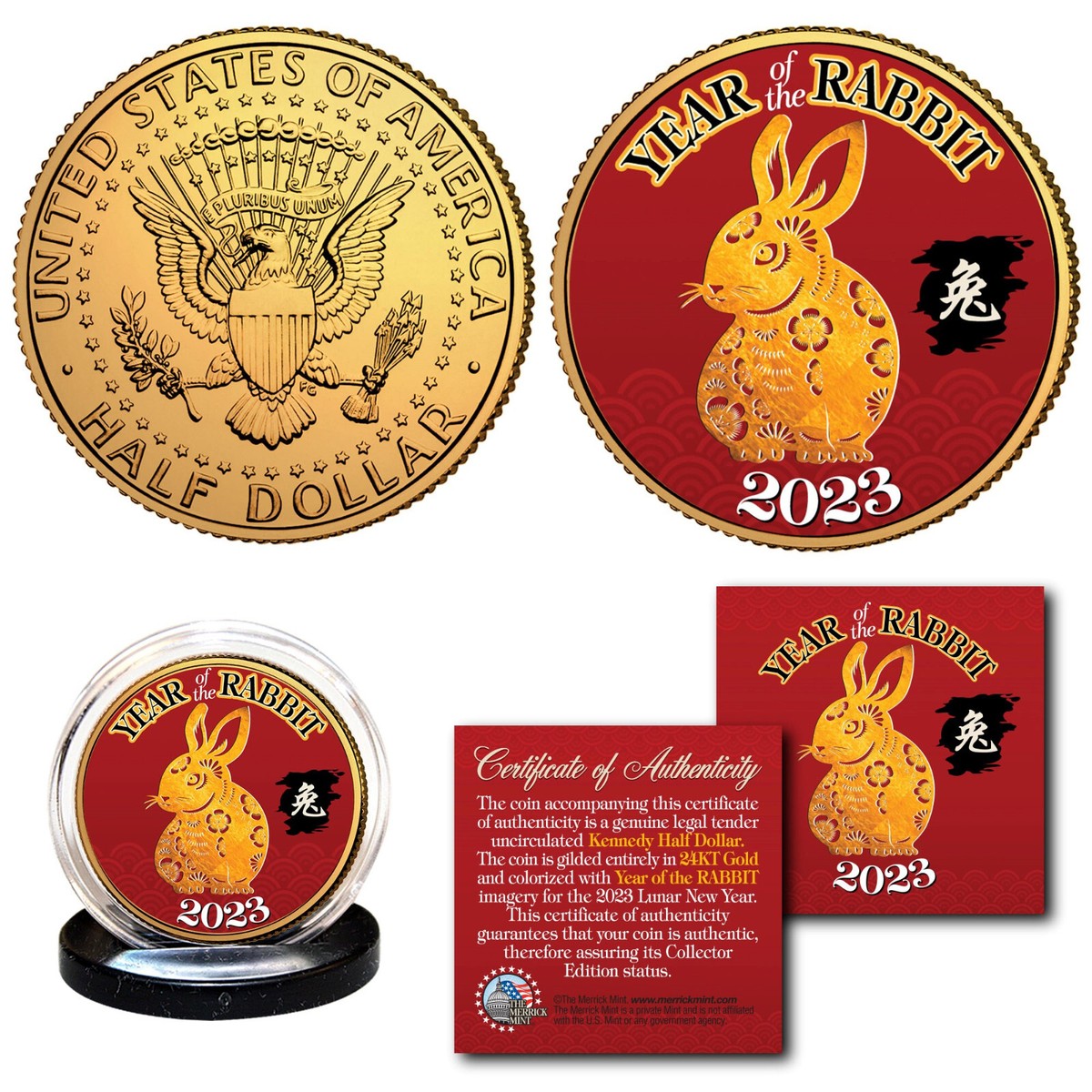 2023 Chinese New YEAR OF THE RABBIT 24K Gold Clad JFK Kennedy Half