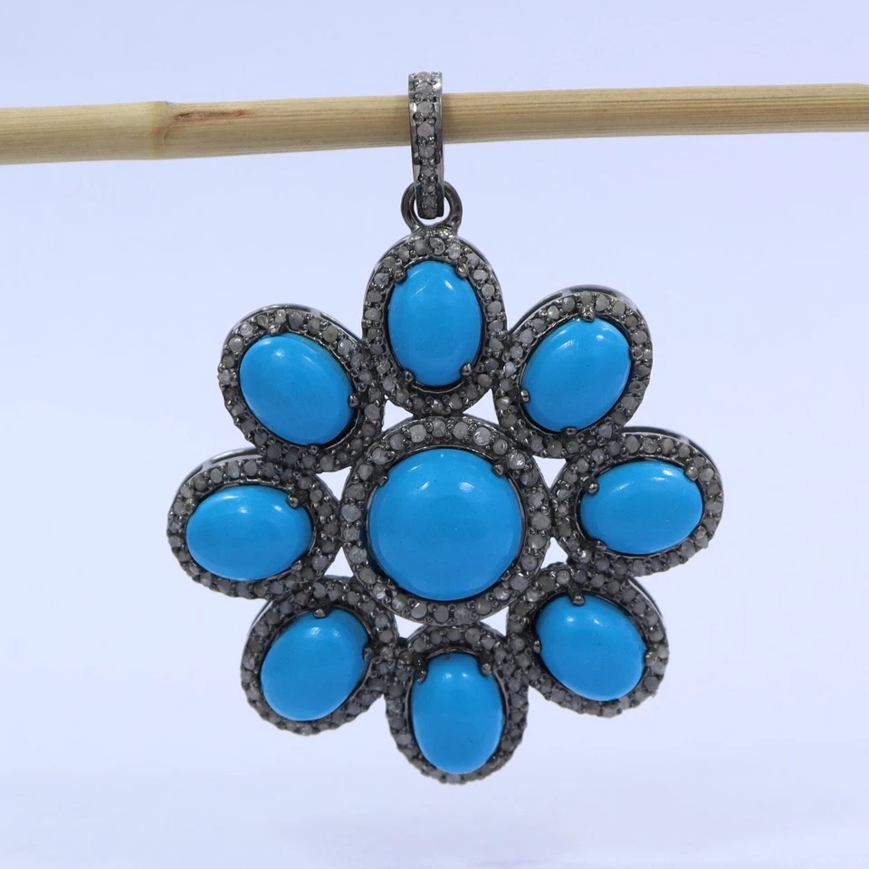 Colgante grande de plata esterlina 925 hecho a mano con diamantes pavé natural turquesa Foto 2 de 4