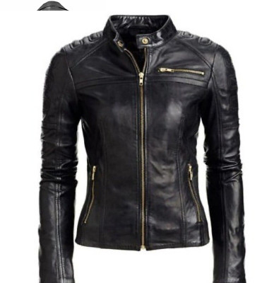 Women Cafe Racer Leather Jacket Motorcycle Slim Fit Biker  JACKET
