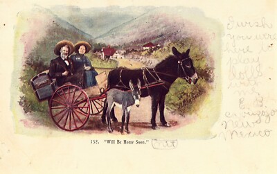 Will Be Home Soon - Man and Woman in Horse Cart - Comic Post Card 1907