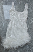 Nadine Merabi Evie White Sequin Dress With Feather Hem Size XS Please Read Desc
