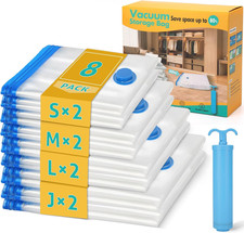 8 Pack Vacuum Storage Bags with Hand Pump 4 Sizes Travel Clothes Space Saver