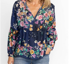 Johnny Was Bursting Echo Blouse Floral Silk Navy L;NWT