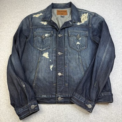 True Religion DYLAN Distressed Denim Jacket Mens XXL 2XL Dark Wash Blue  Trucker