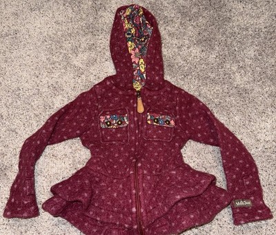 Matilda Jane Girls 4 Hooded Wool Jacket Coat Maroon Floral READ FELTED SHRUNK