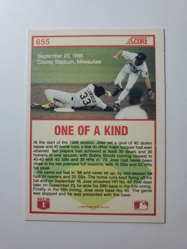 1989 Score Jose Canseco (S100) Oakland Athletics #655 - Picture 2 of 2