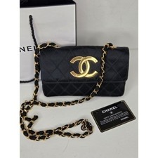 Chanel Black Satin Quilted Flap Bag Vintage 1980's Chain Shoulder Bag Gold CC