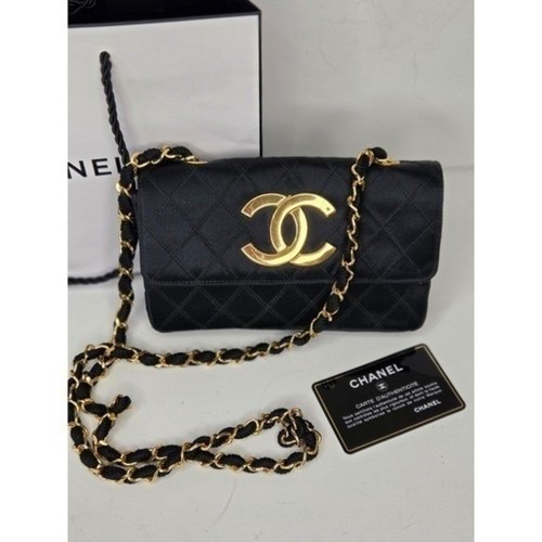 Chanel Black Satin Quilted Flap Bag Vintage 1980's Chain Shoulder Bag Gold CC