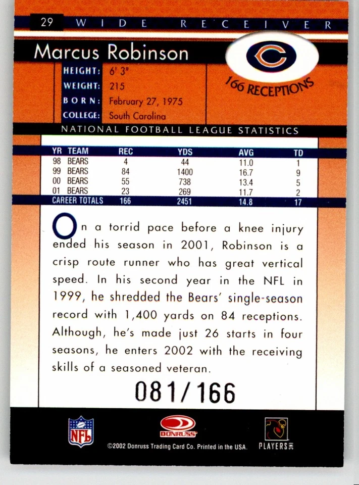 Marcus Robinson 2002 Donruss Stat Line Career 29 #/166 Chicago Bears - Image 2 of 2