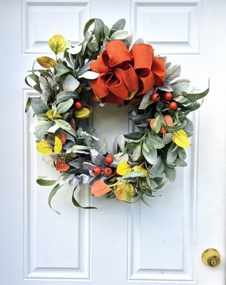 22'' Fall Eucalyptus And Lamb's Ear Wreath With Festive Berries And Rust Bow