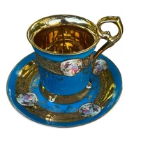 Capodimonte Vintage Cameo Turquoise Blue Gold Wash Footed Cup and Saucer