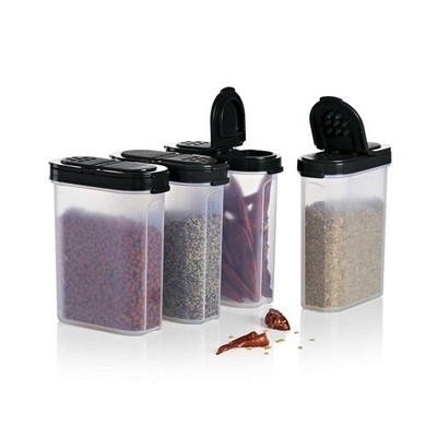 TUPPERWARE LARGE SPICE SHAKERS FLIP TOP BLACK SEALS NEW! SPOUT/SPRINKLE 4pc SET
