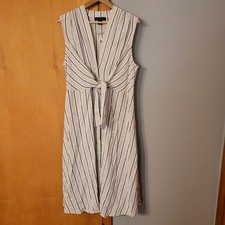 Tahari Size L Linen Blend Midi Dress Stripe V Neck Coastal Nautical Front Tie