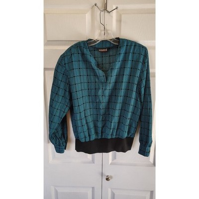 Vtg Notations 90's Retro Teal & Black Plaid Banded Waist Blouse Medium
