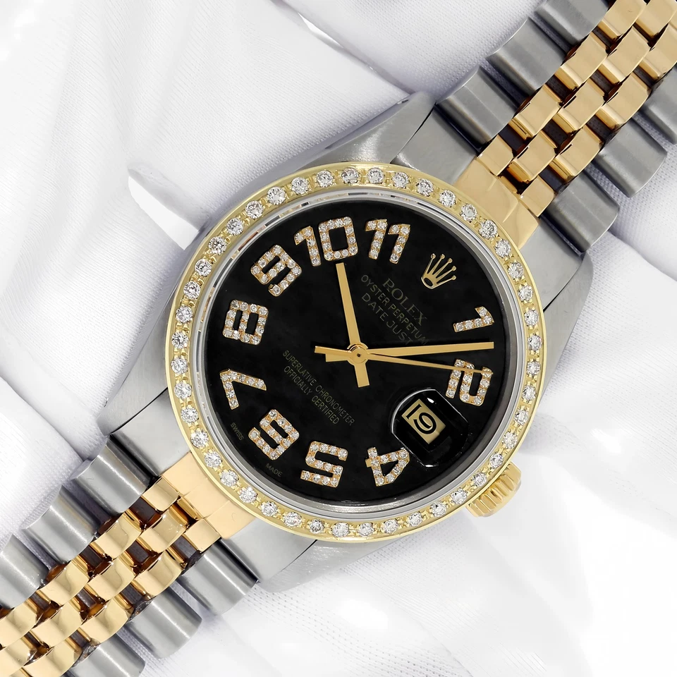 RELOJ ROLEX DATEJUST PARA HOMBRE 2 TONOS ESFERA DE DIAMANTE ROMANO NEGRO ORO 18K BISEL DE DIAMANTES Foto 2 de 4