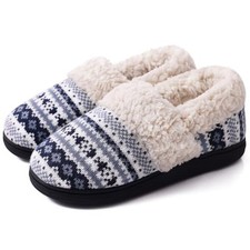 Women's Fuzzy Memory Foam Slippers, Closed Back Knit Bedroom 8-9 Navy