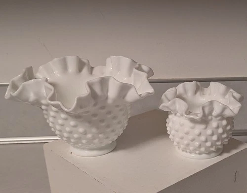 Set of 2 Vtg Unsigned Fenton White Hobnail Milk Glass Vase Ruffled Edge 3” & 4"