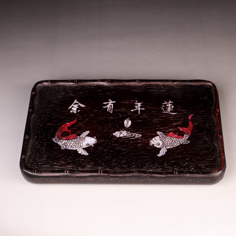 Chinese Black Lacquer Fish Pattern Tray Plate Lotus Year Motif