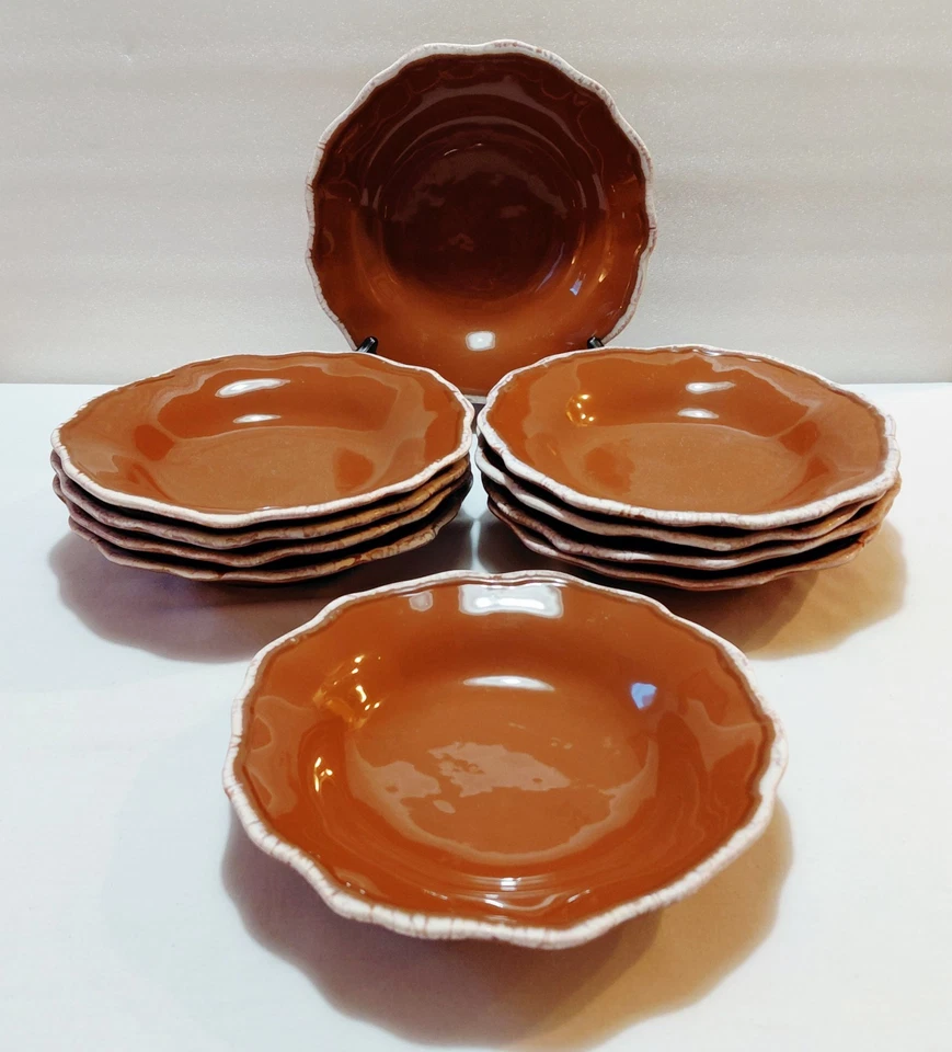 Vietri Pasta Bowls 8 3/4" Terreno Brown Nutmeg Scalloped Made Italy Vtg Set 10 - Image 2 of 4