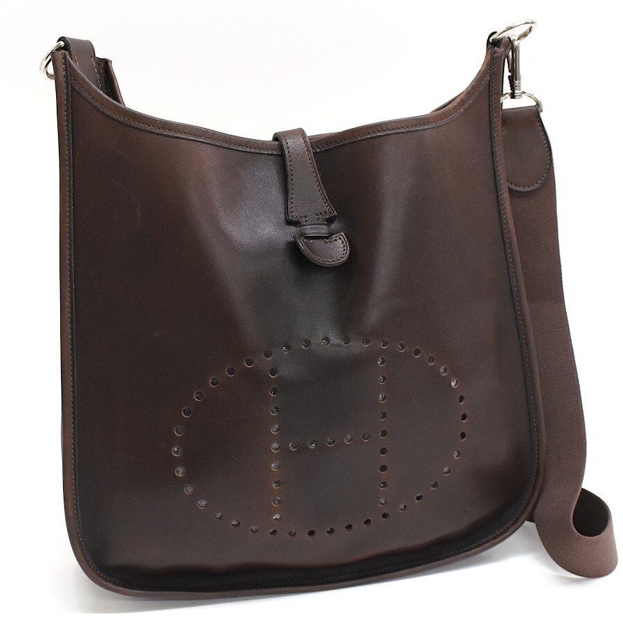 HERMES Evelyne 1 PM Leather Shoulder Bag Dark Brown Engraved Detail