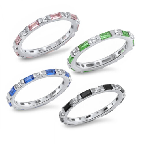 Gemstone Stackable Eternity Anniversary Band .925 Sterling Silver All Sizes! - Picture 1 of 10