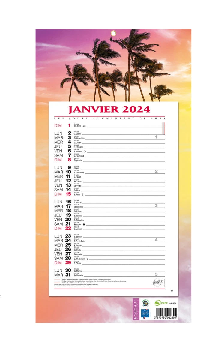 Bouchut Calendrier Bloc Mensuel 2024 à Feuillets Format 19x36 cm